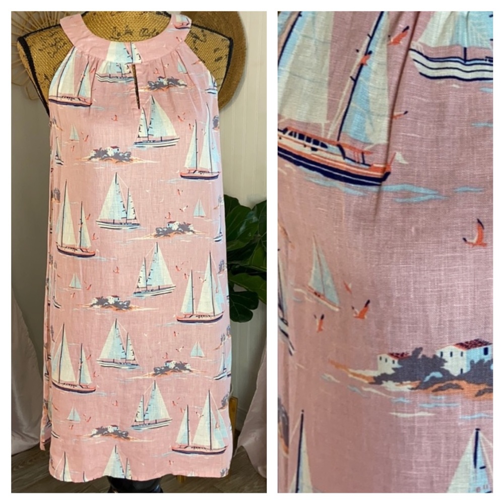 NWT St Tropez West Linen Pink Blue Sailboat Print Sleeveless Shift Dress…
